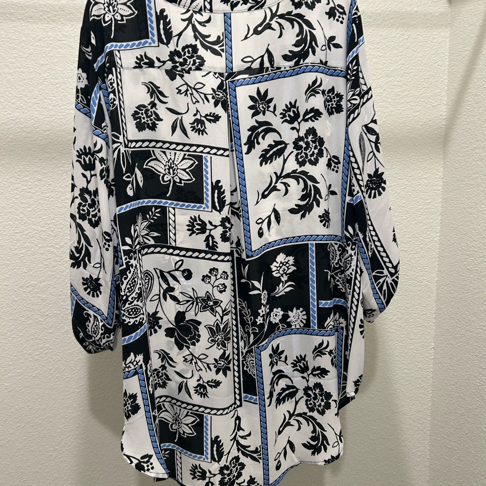 Floral Black and White Blouse with Blue Accents